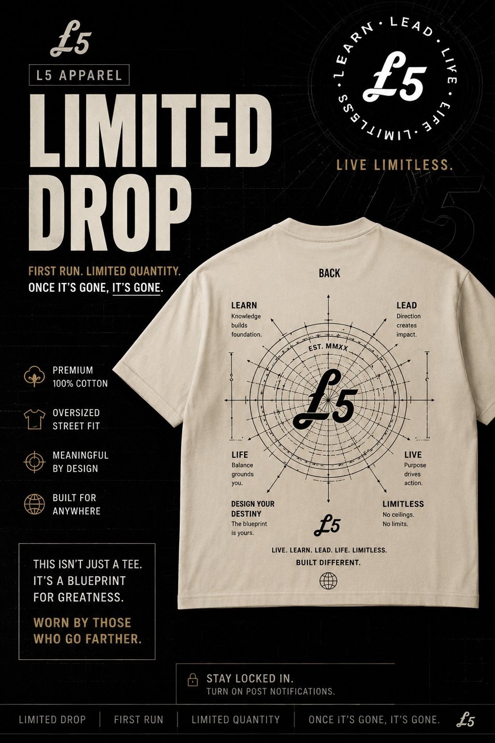 L5 Blueprint Tee — Limited Drop. First run, limited quantity. Once it's gone, it's gone.